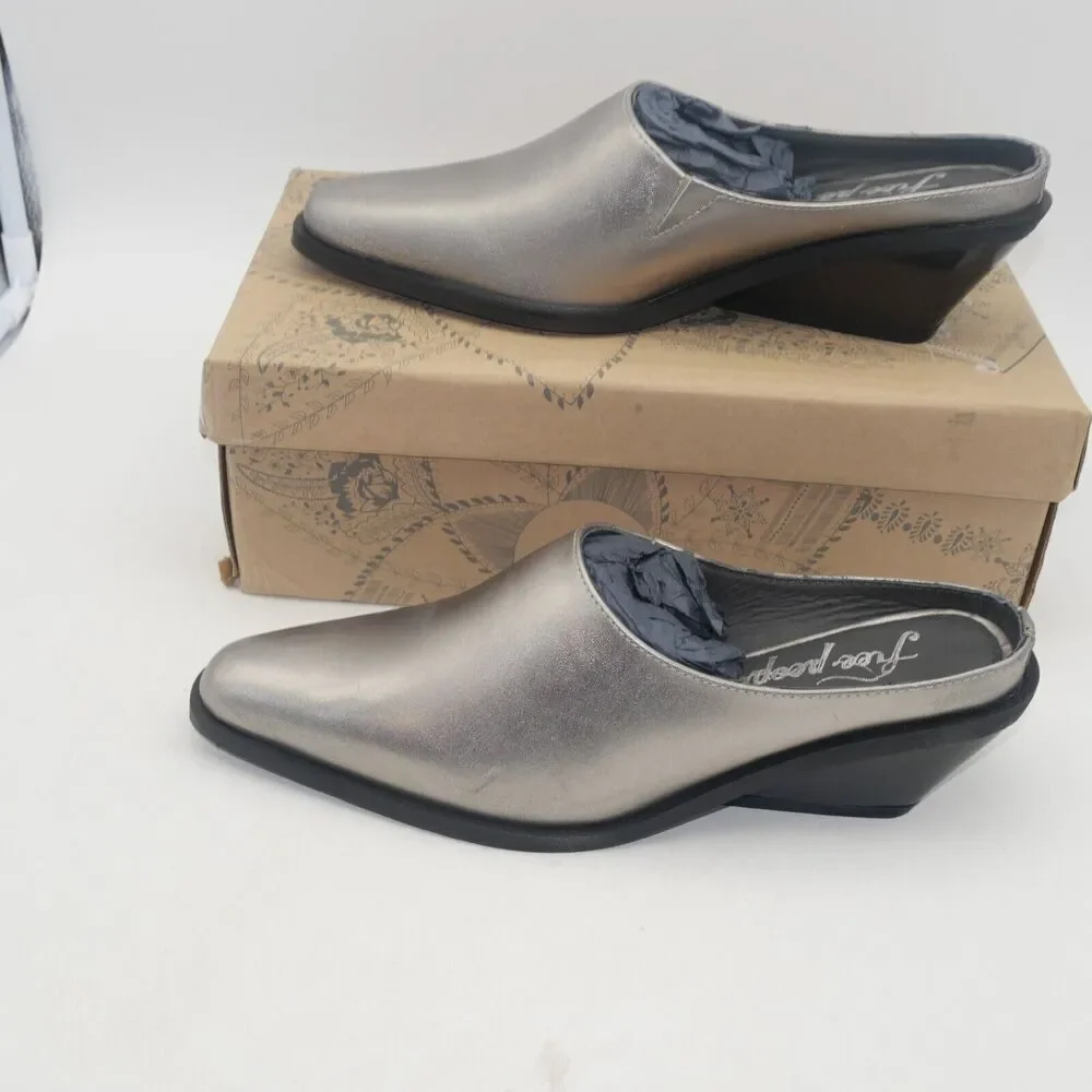 NEW Free People Women's 8.5 Tallulah Mules Shoes Western Wedge Platino Silver